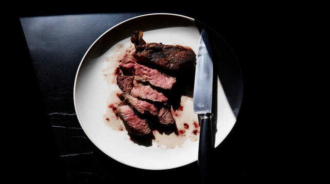 Slices of juicy medium rare grilled beef steak served on a white ceramic plate beside a carving knife. Dramatic low-key lighting highlights the seared crust and pink interior