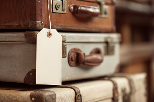 Stack of old-fashioned travel suitcases with worn leather corners, retro metal fittings and a blank cream luggage tag hanging from the handle. Warm sepia tones evoke nostalgic journeys