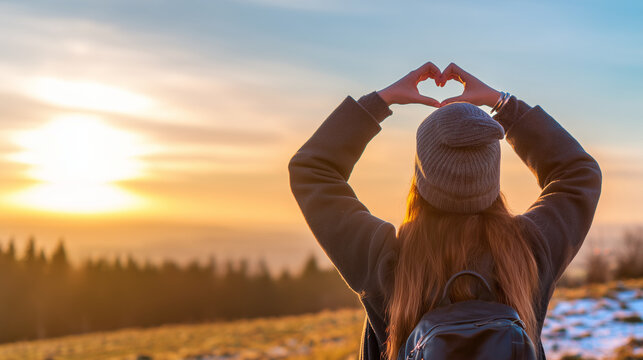 Rear view of a young woman in a knitted hat forming a heart shape with her hands against a glowing golden sunset. Peaceful outdoor landscape with warm light and open sky symbolising love