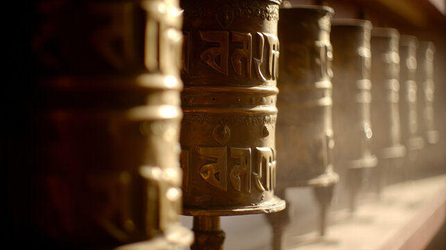 Close-up of a row of traditional Tibetan Buddhist prayer wheels with embossed script and ornate metallic surfaces illuminated by soft golden light.