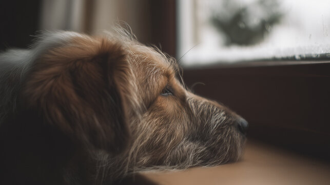 Close-up portrait of a shaggy brown dog resting its head indoors while gazing through a softly lit window. Natural muted tones and a calm atmosphere evoke companionship