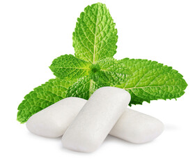 Menthol chewing gum pieces and green mint leaves isolated on white © New Africa