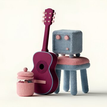 3D plush robot sitting on stool playing a maroon guitar beside a candy jar