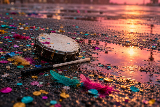 Carnival Drum with Confetti and Feathers on a Wet Street After the Parade