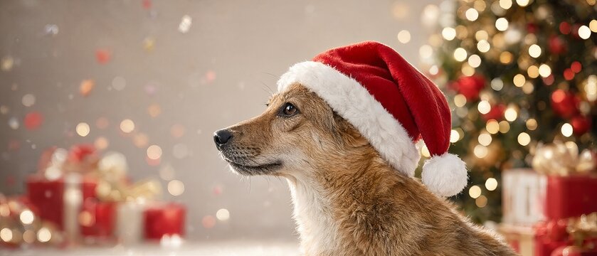 A Noble Dog Resembling an Unusual Animal Wearing a Holiday Santa Hat Against Festive Bokeh Bokeh