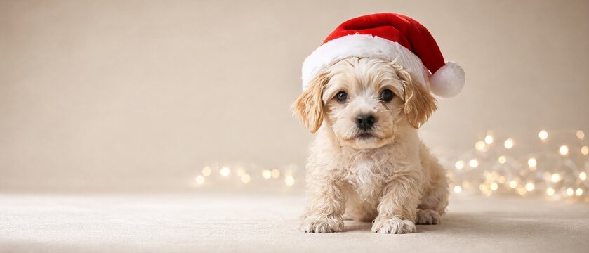 Cute Fluffy Puppy Wearing A Festive Santa Claus Hat Sitting On A Soft Neutral Beige Background.