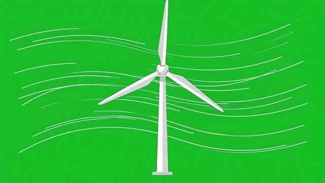 Rotating White Wind Turbine with Animated Wind Flow Lines on Green Screen Background