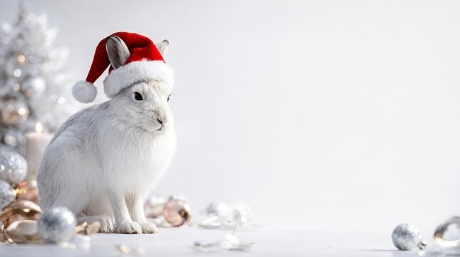 Minimalist Studio Portrait of a White Arctic Hare Wearing a Santa Hat amidst Festive Christmas Decor