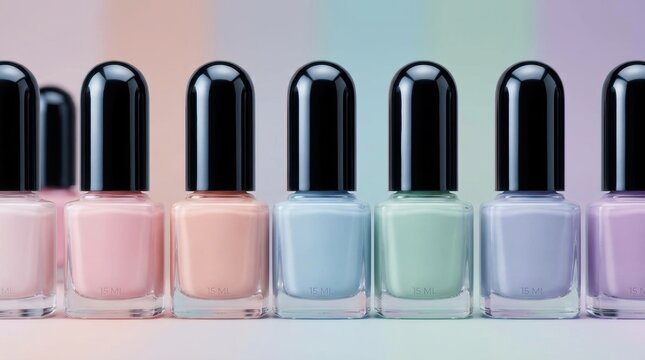 Pastel nail polish bottles arranged in spectral order for beauty retail, manicure products, color variety, and salon inventory