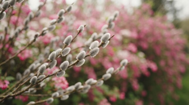 Pussy willow branches with gray buds beside a pink flowering hedge