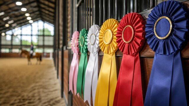 Colorful equestrian rosette ribbons hanging on a stable stall with an indoor riding arena and a rider on horseback blurred in the background