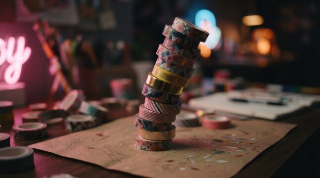 Stack of washi tape rolls on craft paper with clashing patterns and pink desk light