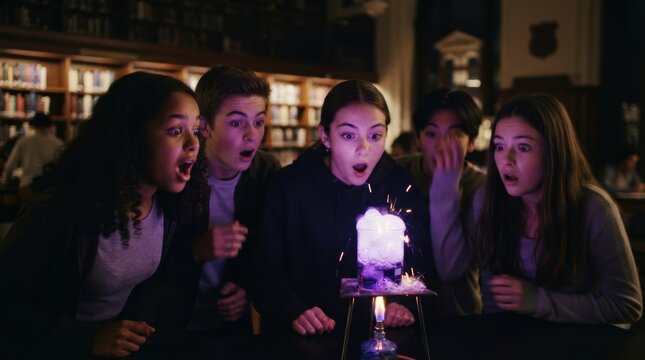 Students reacting to a chemistry demonstration burner in a library, surprise and curiosity during a science lesson