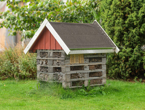 Wooden insect hotel providing garden habitat for beneficial wildlife.