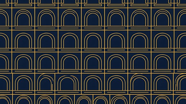 Repeating navy blue and antique gold architectural arch pattern with clean geometric outlines and symmetrical linear details, creating a sophisticated decorative background for interiors