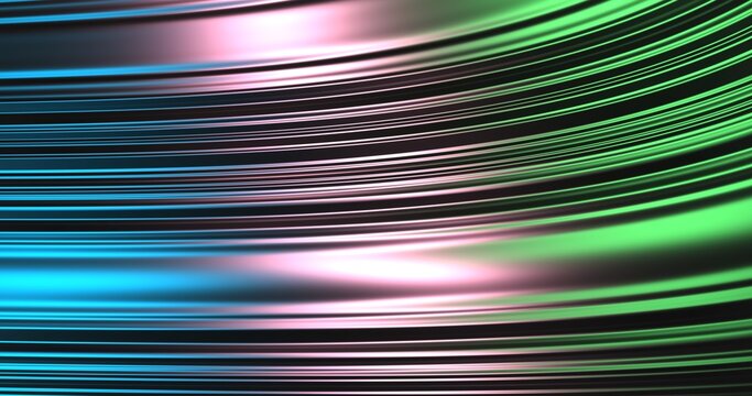 A smooth, futuristic abstract texture featuring curved, parallel metallic lines with a vibrant, multi-colored gradient light effect.
