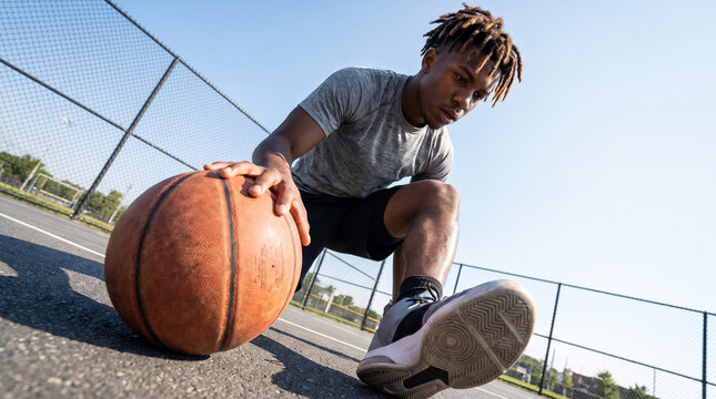 Low angle view of a young Black man playing basketball on an outdoor court. Dynamic streetball action shot with wide angle lens and dutch tilt perspective. Athletic male training in daylight