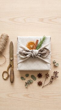 Eco-friendly fabric wrapped gift with dried orange and cinnamon on a wooden table.