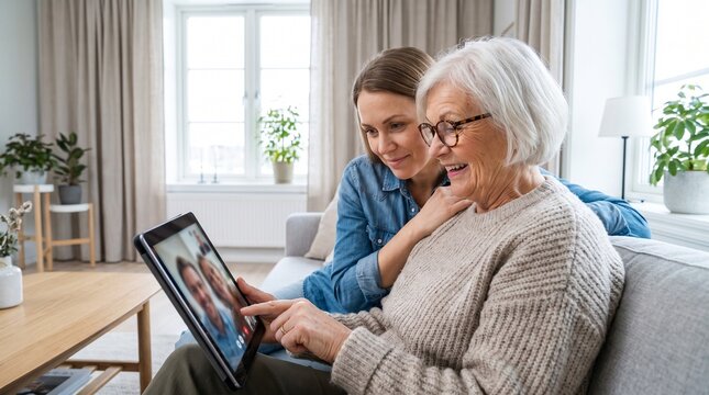 Senior woman and daughter having video call on digital tablet at home. Multi-generational family communicating online in living room