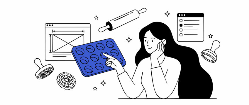 Woman designer creating baking website vector illustration of female entrepreneur designing online bakery recipe blog UI UX interface with muffin tray rolling pin and digital wireframe elements