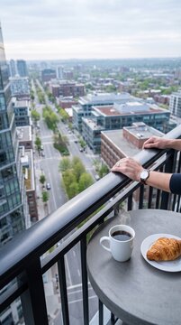 Man standing on a high-rise balcony overlooking a city street.