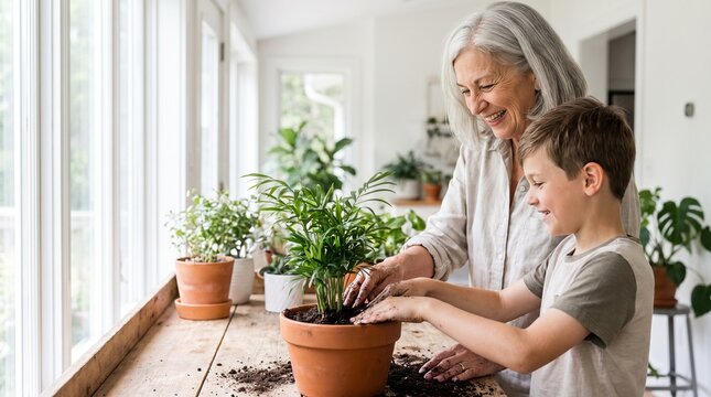 Happy grandmother and grandson repotting houseplant in terracotta pot. Senior woman teaching boy gardening at home. Intergenerational family hobby concept