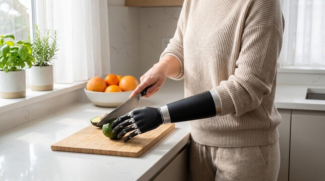 Person with modern bionic prosthetic arm cutting fresh avocado in kitchen.