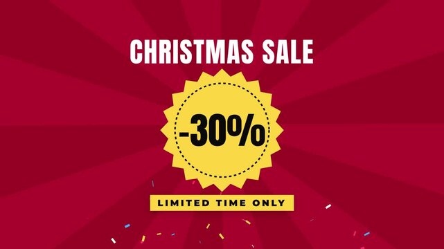 Red sunburst background with Christmas sale headline plus golden minus 30 percent badge. Confetti pieces burst, drift down while limited time only banner appears, concept of holiday offer and seasona