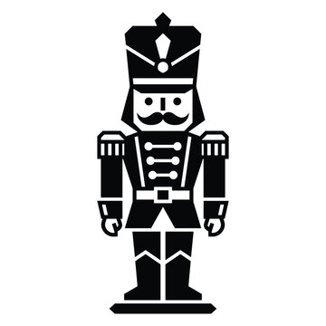 Minimalist black and white nutcracker soldier icon for holiday design. Flat geometric nutcracker soldier graphic symbol