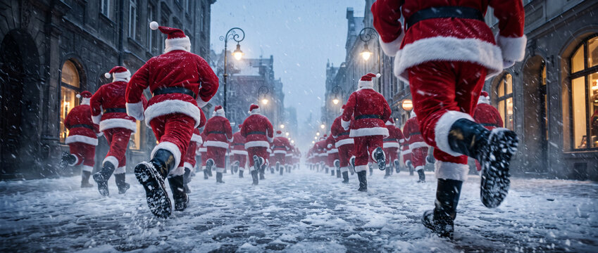 AI generated crowd of Santa Clauses running away in a snowstorm down a winter street &mdash; Santa Run charity race, festive news and holiday banner