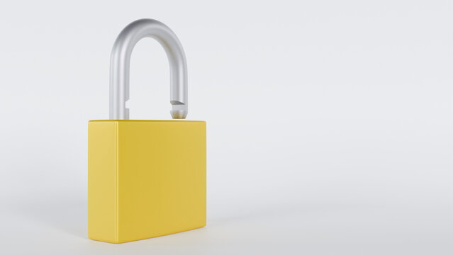 Open yellow padlock on a light gray background with copy space