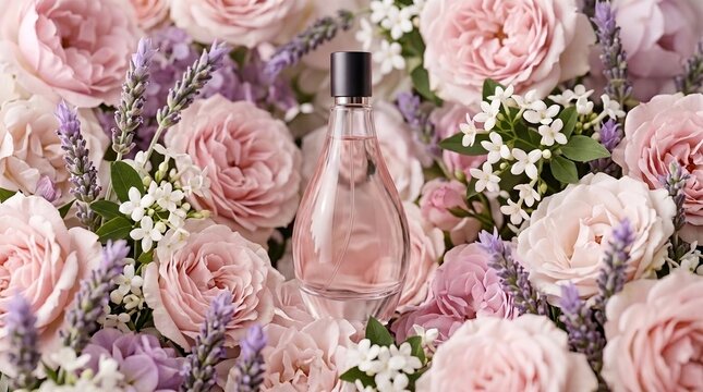 Elegant perfume bottle nestled among pink roses, lavender, and delicate white flowers