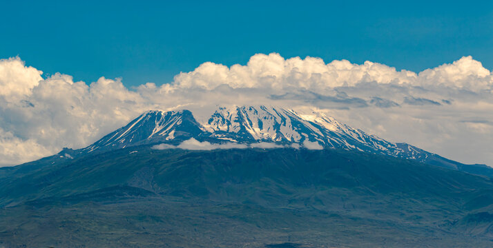 Majestic snow covered volcano peak Mount Ararat