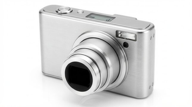 Modern silver digital compact camera featuring metallic body, retractable zoom lens, and digital screen on white background