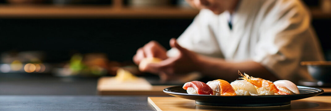 premium japanese sushi dining with an expert chef, cinematic sushi restaurant banner with authentic nigiri, luxury edomae sushi craftsmanship in a traditional japanese setting