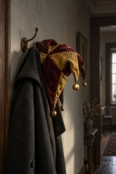 Red and Gold Jester Hat with Bells on a Coat Hook as a Traditional Carnival Concept