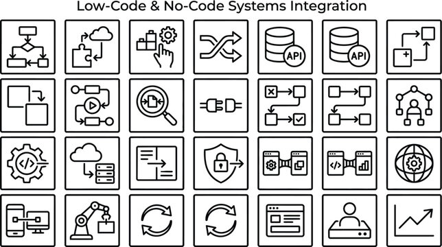 Low code and no code systems integration vector graphic featuring multiple digital workflow icons representing modern software development solutions