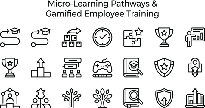 Micro learning pathways and gamified employee training vector icons featuring educational elements trophies and business symbols for professional development