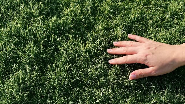 Close-up of an outstretched hand touching green grass