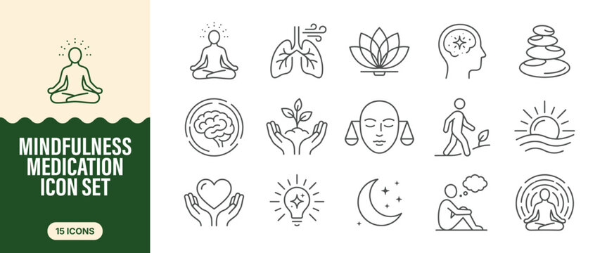 Mindfulness and meditation line icon set featuring yoga, breathing, mental health, and relaxation symbols for wellness and spiritual balance