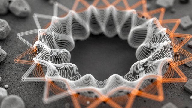 black white photograph wreath thin wavy lines wreath circular shape placed bed small rocks pebbles lines arranged zigzag pattern creating sense movement depth orange lines overlapping creating