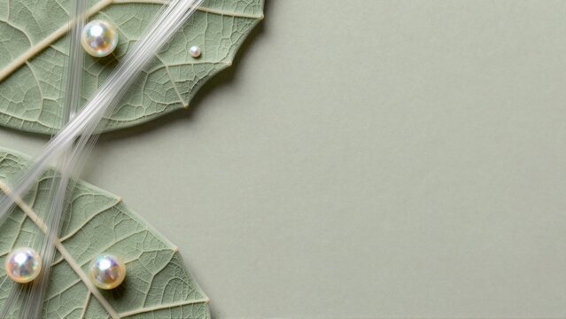 close green leaf three white strings attached strings arranged diagonal line strings side strings middle right side three small round silver colored pearls background light beige color leaves darker