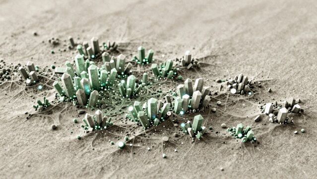 rendering group small green buildings scattered sandy surface buildings appear glass crystal like material arranged scattered manner overlapping background light beige color few small white dots