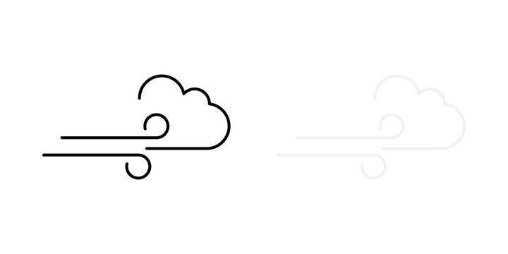 Simple line art icon of a cloud blowing wind in black and light grey colors
