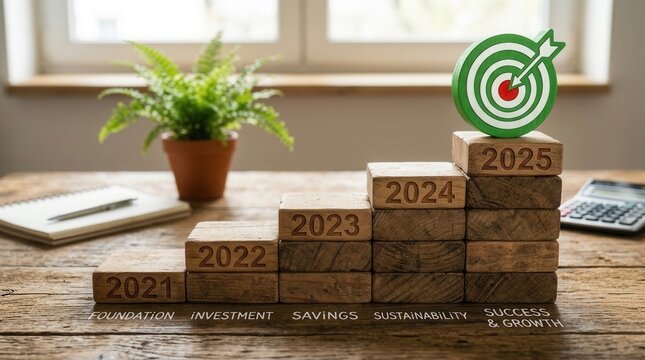 New Years Resolution Goals 2021 2025 Success Strategy with Dartboard on Wooden Steps