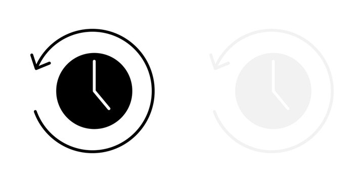 Black and light grey history icon representing a clock with a circular arrow for undo or rewind