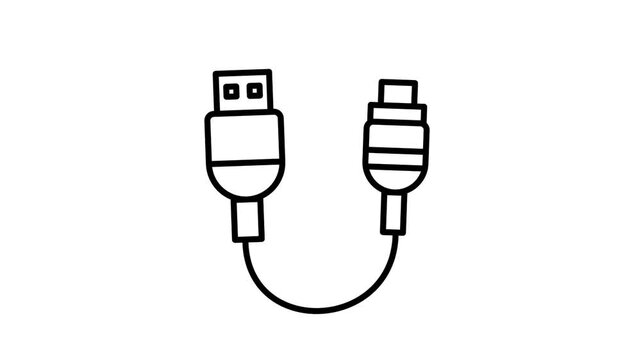 Minimalist monochrome vector animation of a USB connector plugging into and disconnecting from a port. Illustrates data transfer, device connectivity, charging, computer hardware, and digital communic