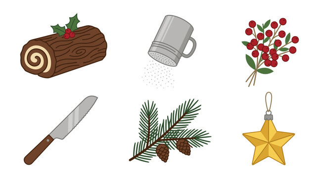 Christmas Holiday Icons Including Yule Log, Holly Berries, Pine Sprig, Star Ornament, Knife and Sugar Shaker