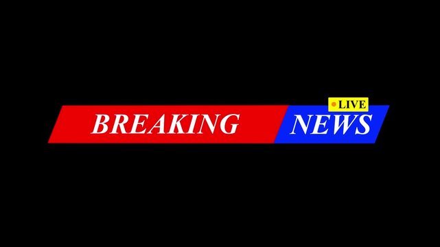 Live breaking news banner with red and blue ribbon on black background. Yellow live badge with bold dark typography. Professional broadcast lower third animation. TV journalism and media .