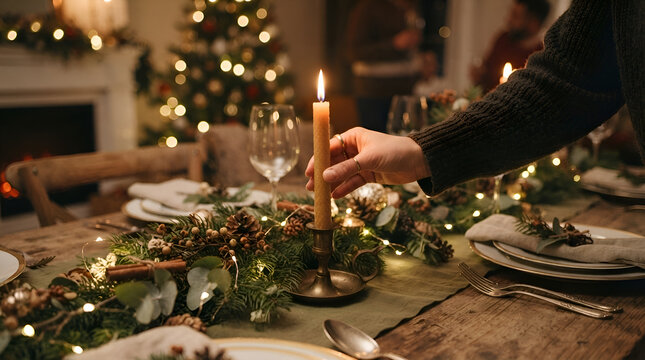Unrecognizable person in dark sweater lighting candle on festive dining table with greenery garland, place settings, and decorated tree in background